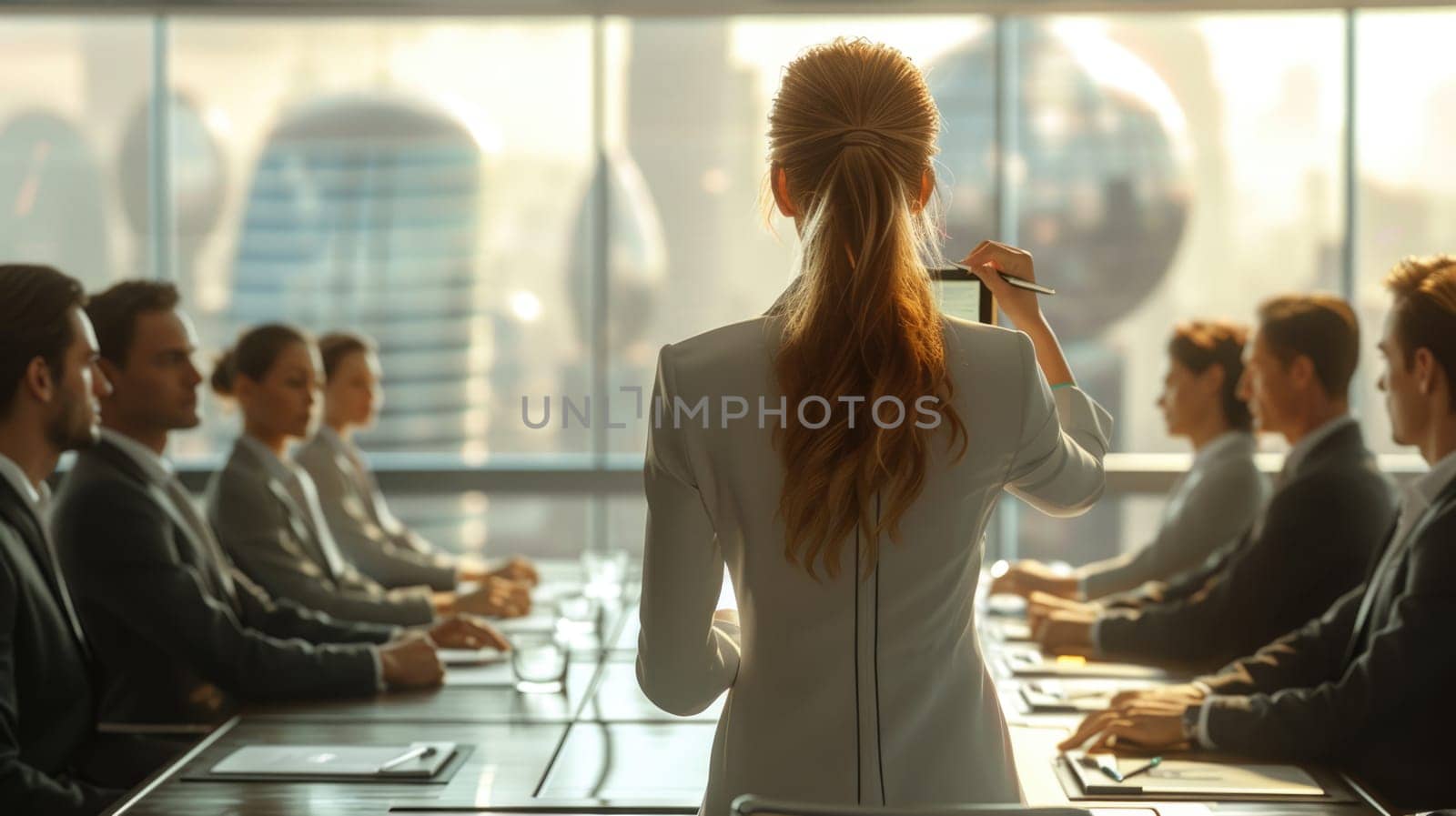 A woman stands confidently in front of a diverse group of individuals, engaging in conversation or delivering a presentation.