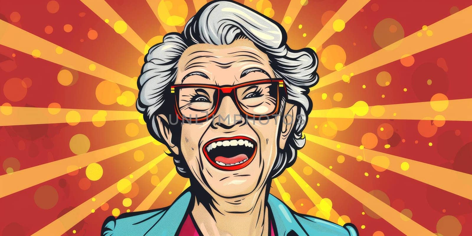 Portrait of laughing grandmother, pop art style concept by Kadula