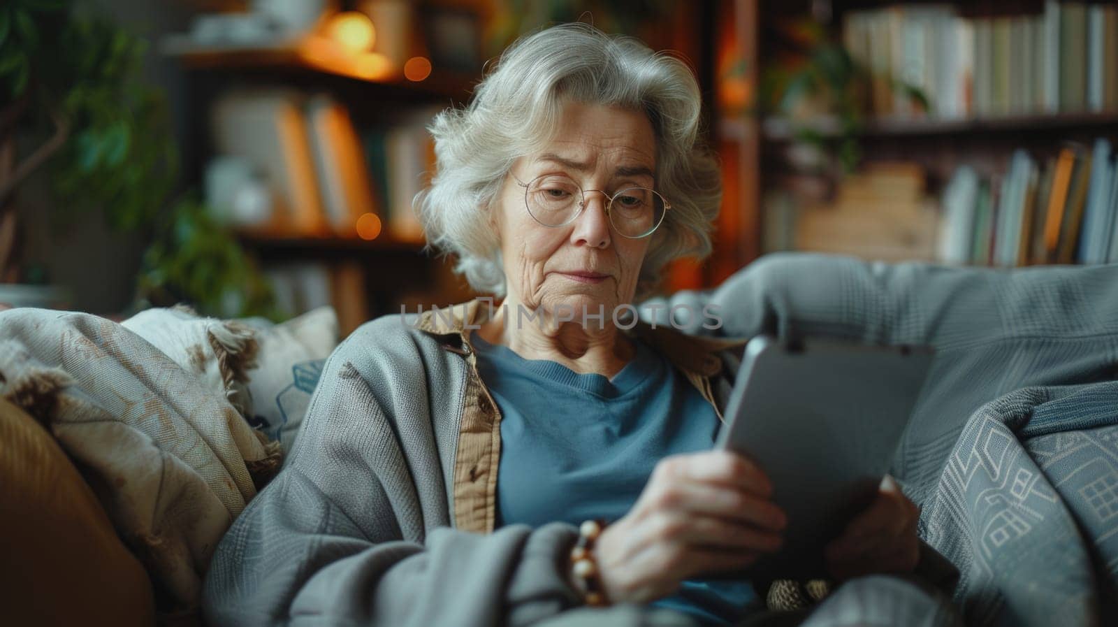 An elderly woman seated on a couch, engaged with a tablet and interacting with content.
