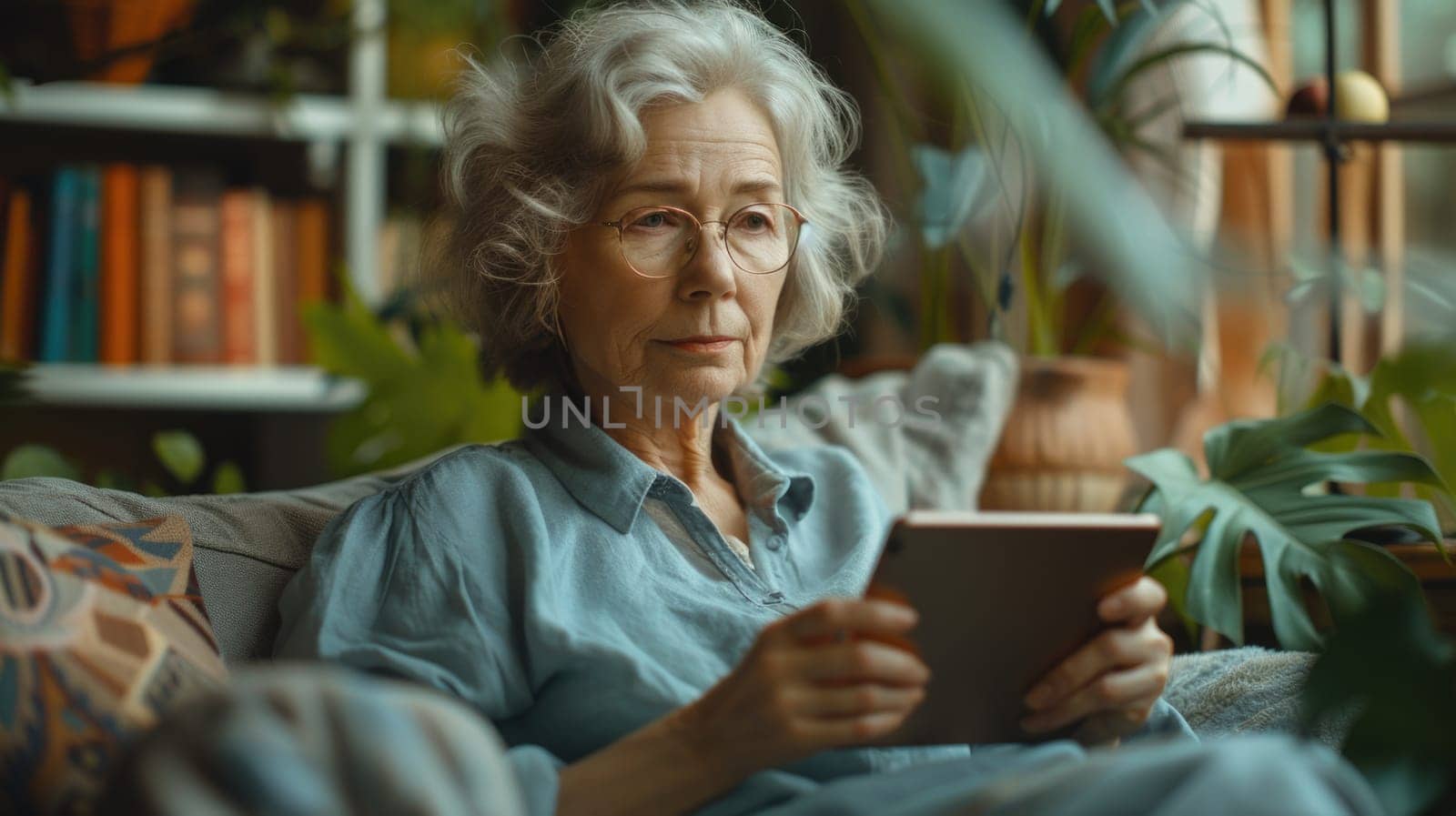 Elderly Woman Sitting on Couch Holding Tablet. Generative AI. by but_photo