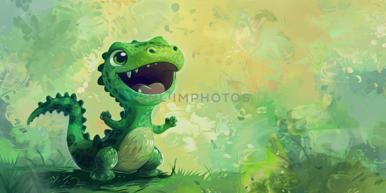 Smiling baby dragon isolated on the mixed green, pastel background with copy space by Kadula