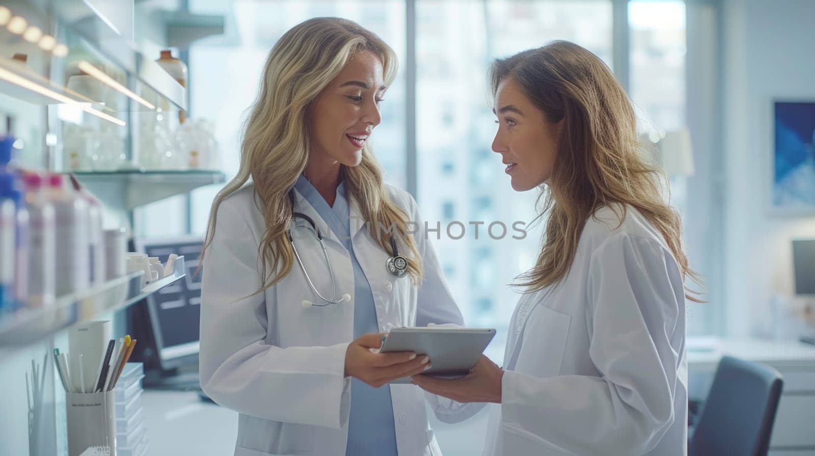 Two women wearing white lab coats are engaged in examining a tablet device.