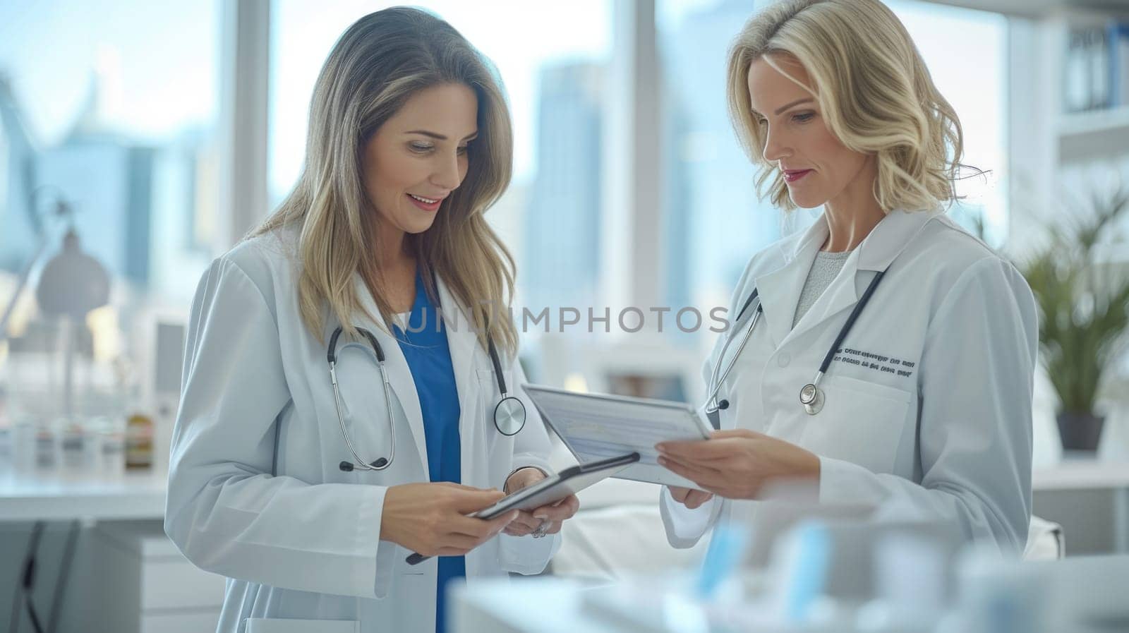 Two women wearing white lab coats are examining a tablet together.