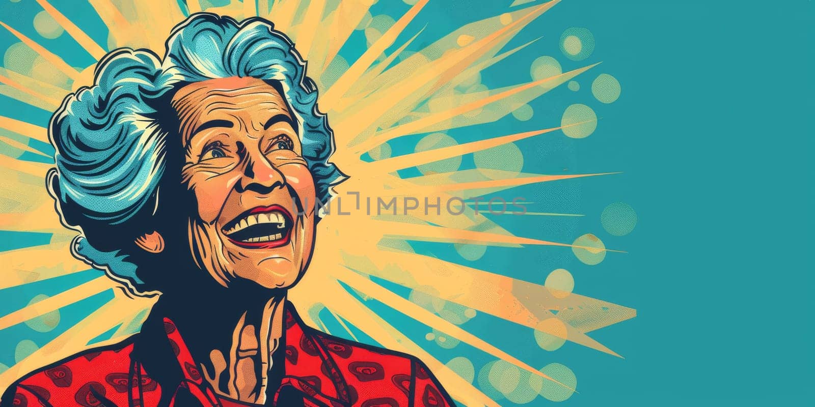 Laughing lovely grandmother on a bright blue background with copy space