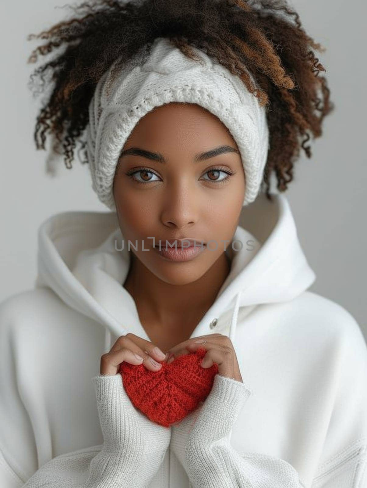 An African American woman is holding a red heart while wearing a white hoodie.