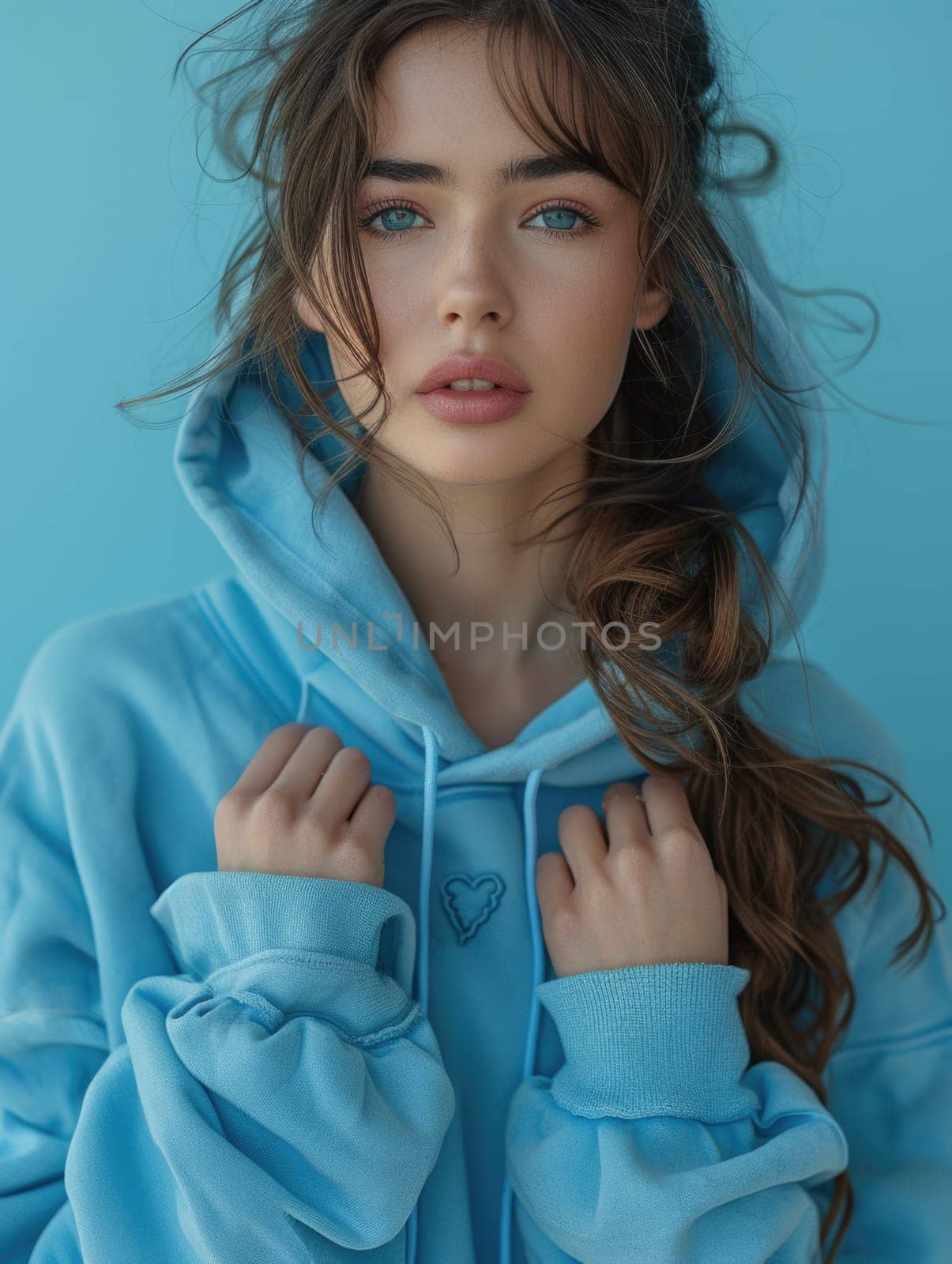 A woman with long hair is captured wearing a blue hoodie.
