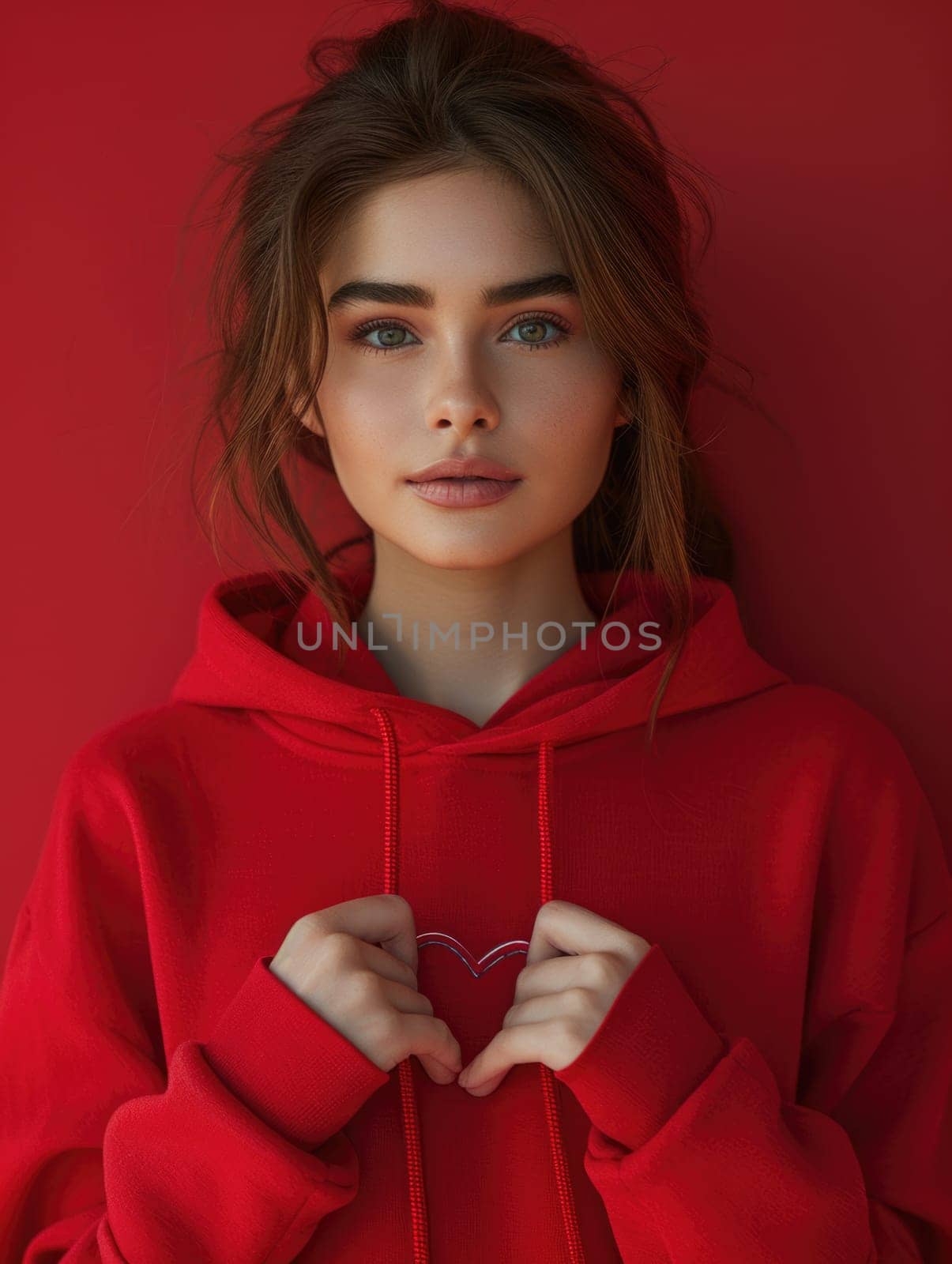A woman wearing a red hoodie holds a heart in her hands.