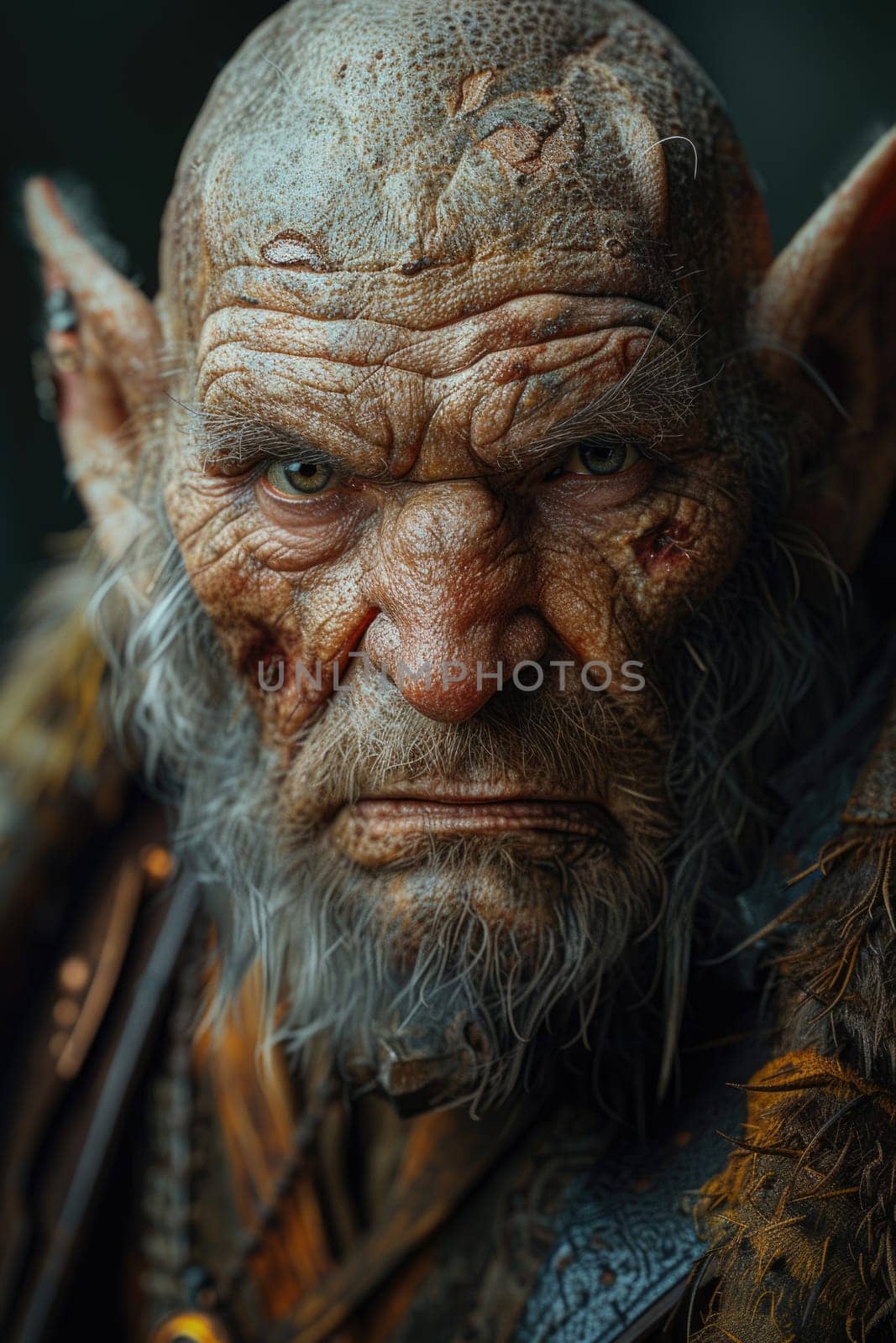 A detailed view of an aged man with a full beard, showing intricate facial features and texture.