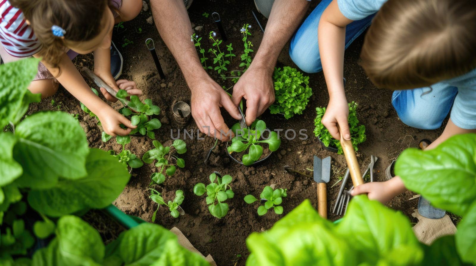 A woman and girls are planting plants in a garden AIG41 by biancoblue