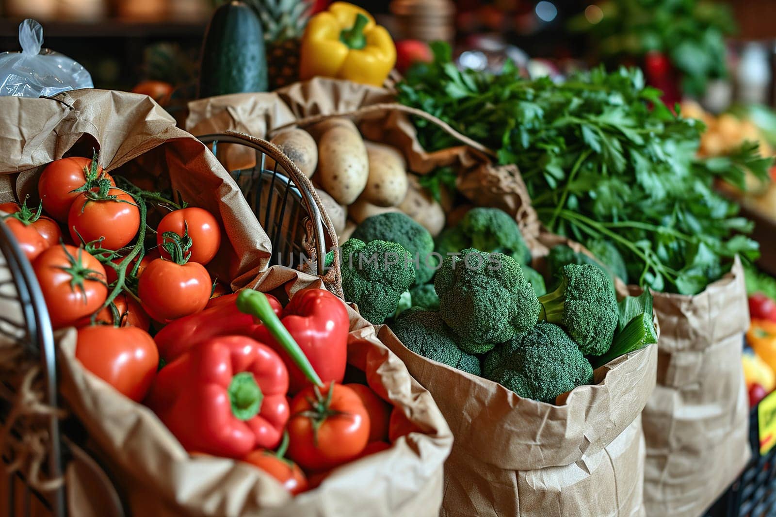 Ripe vegetables and herbs on a wooden counter at a vegetable market.