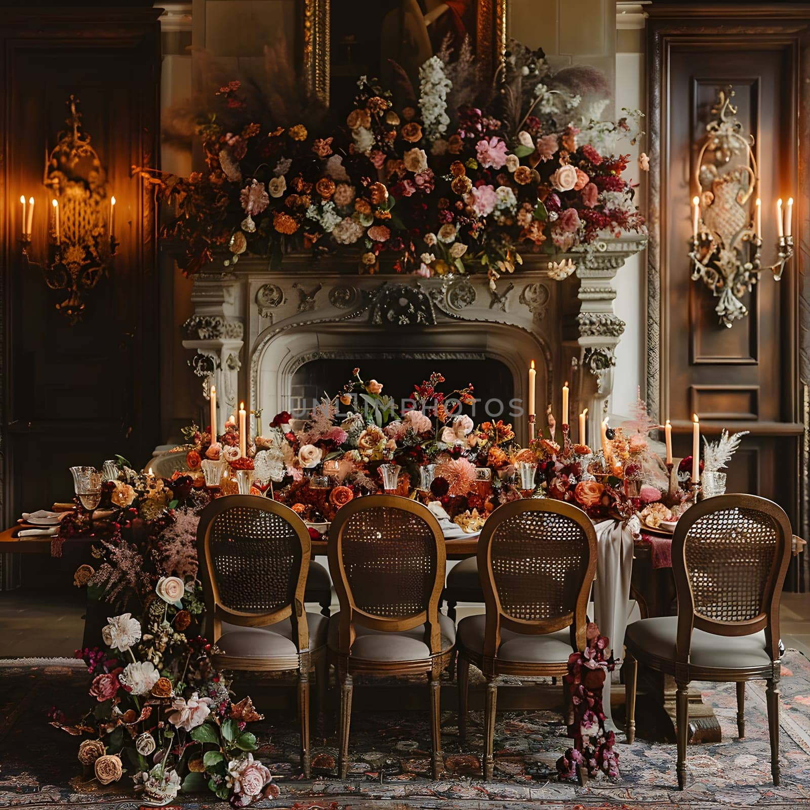 A table and chairs sit in front of a fireplace adorned with flowers and candles, creating a cozy and inviting atmosphere perfect for any event or occasion