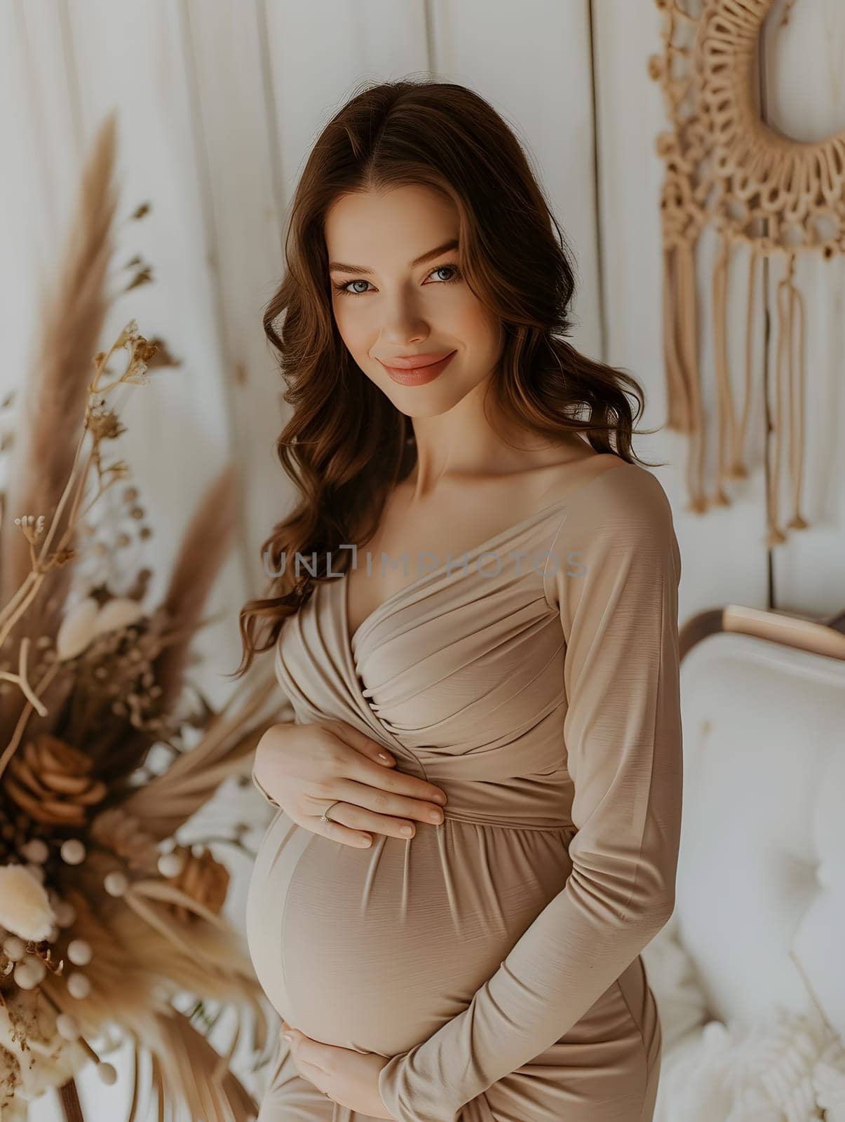A pregnant woman in a beige gown is showcasing her fashion design, gently holding her waist in a room. The dress features a high neckline and long sleeves, emphasizing her beautiful baby bump