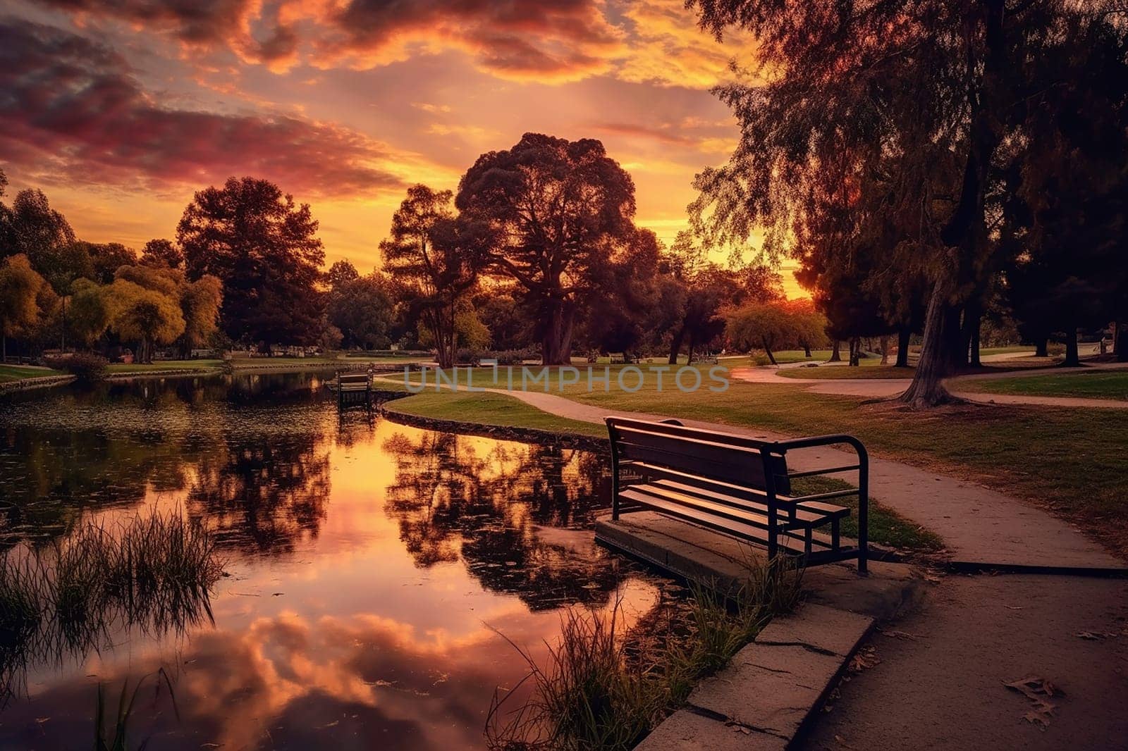 Serene sunset view over a calm pond in a park with reflections of trees and sky.