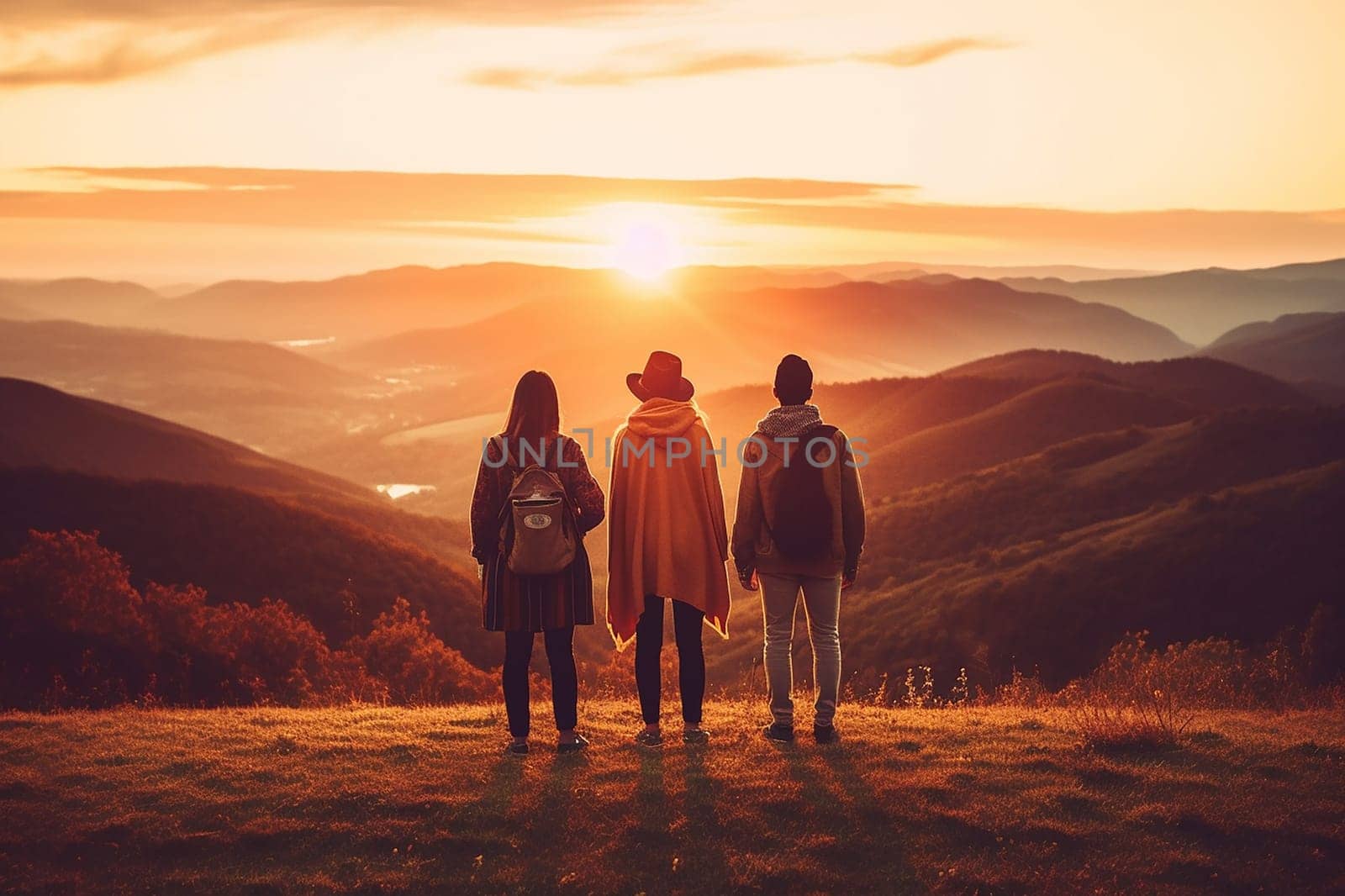 Three people watching sunset over mountains