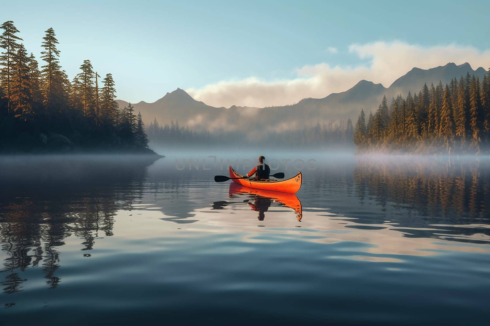 A person paddling a canoe in a misty, serene lake surrounded by mountains and forest at sunrise.