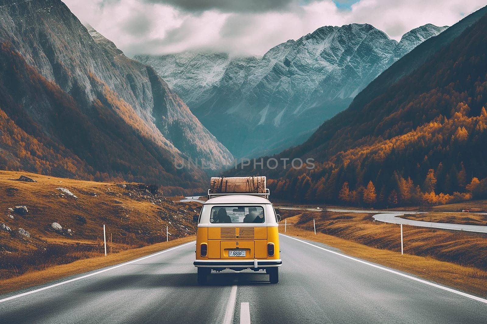 Vintage yellow van driving through mountainous landscape with autumn foliage. by Hype2art
