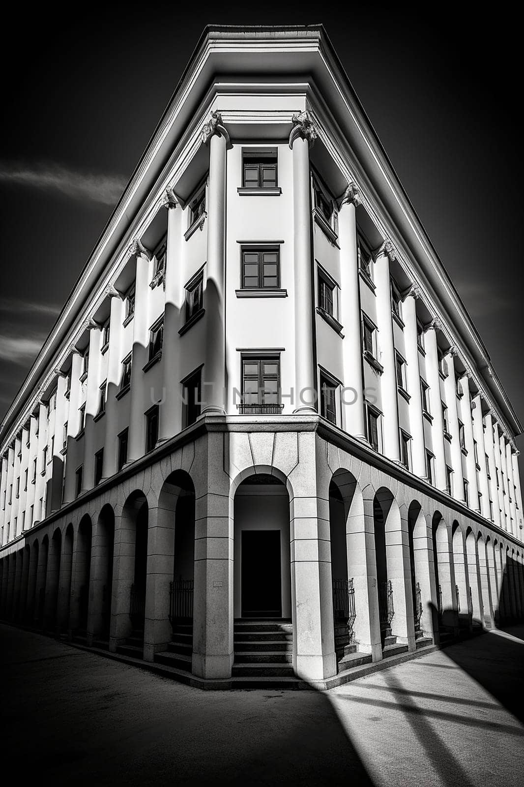 Black and white photo of a symmetrical building with arches and columns