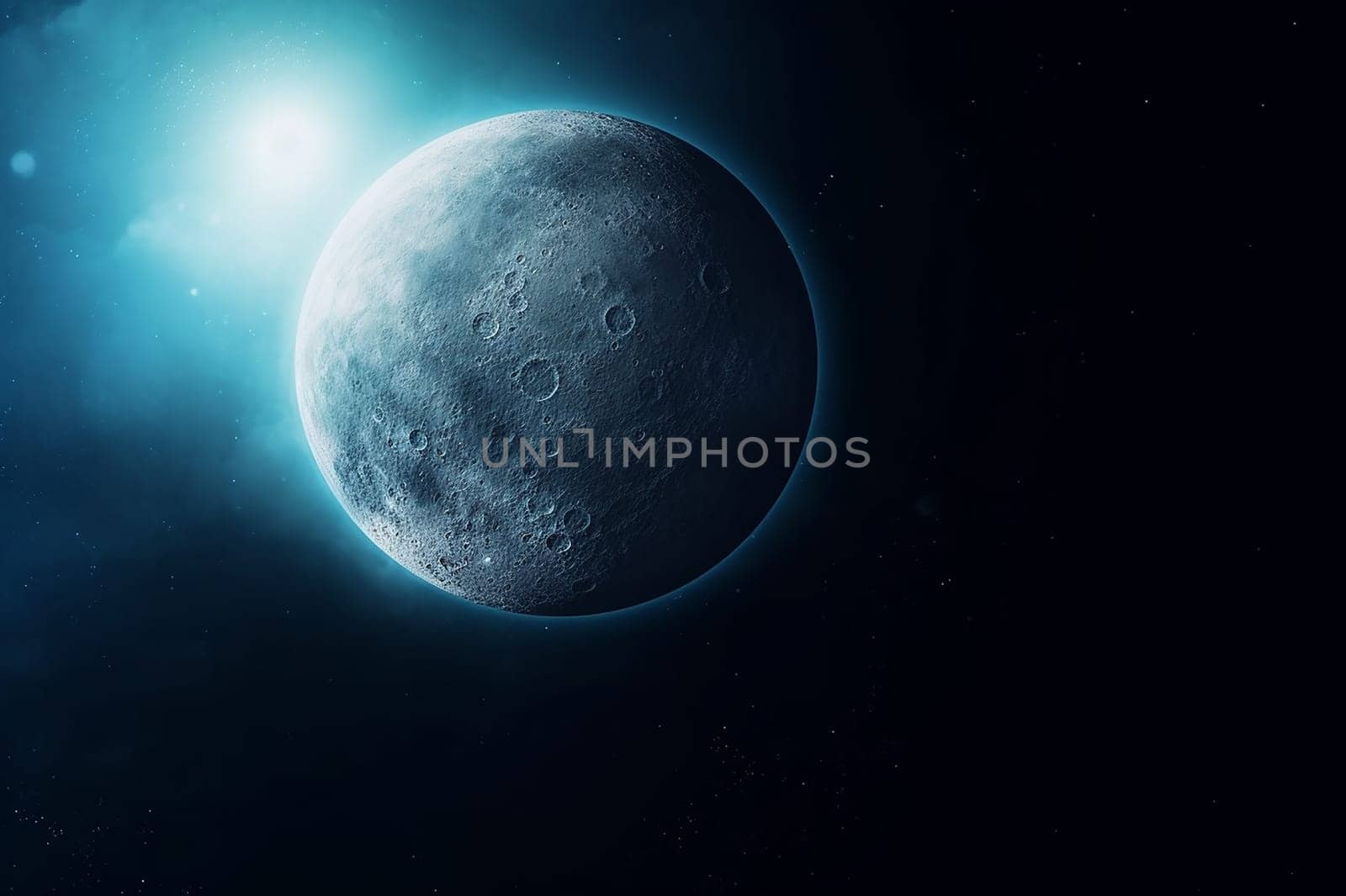 Image of a moon illuminated by distant sunlight against dark space