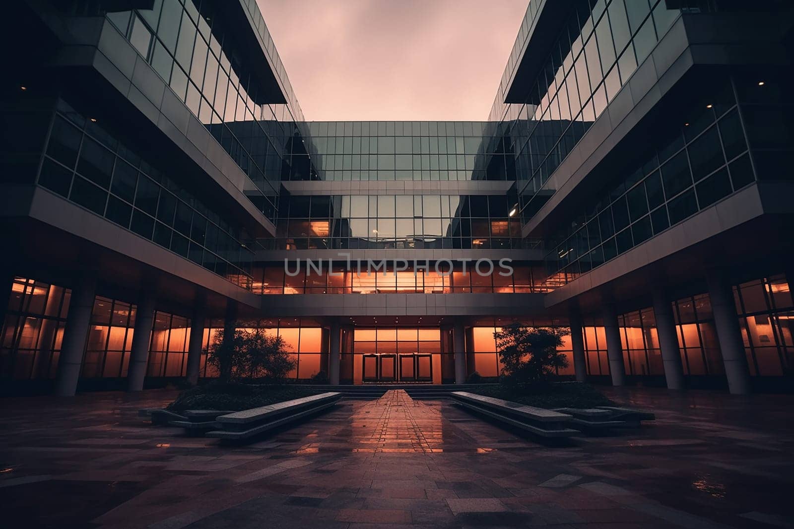 Symmetrical view of a modern building entrance at dusk.