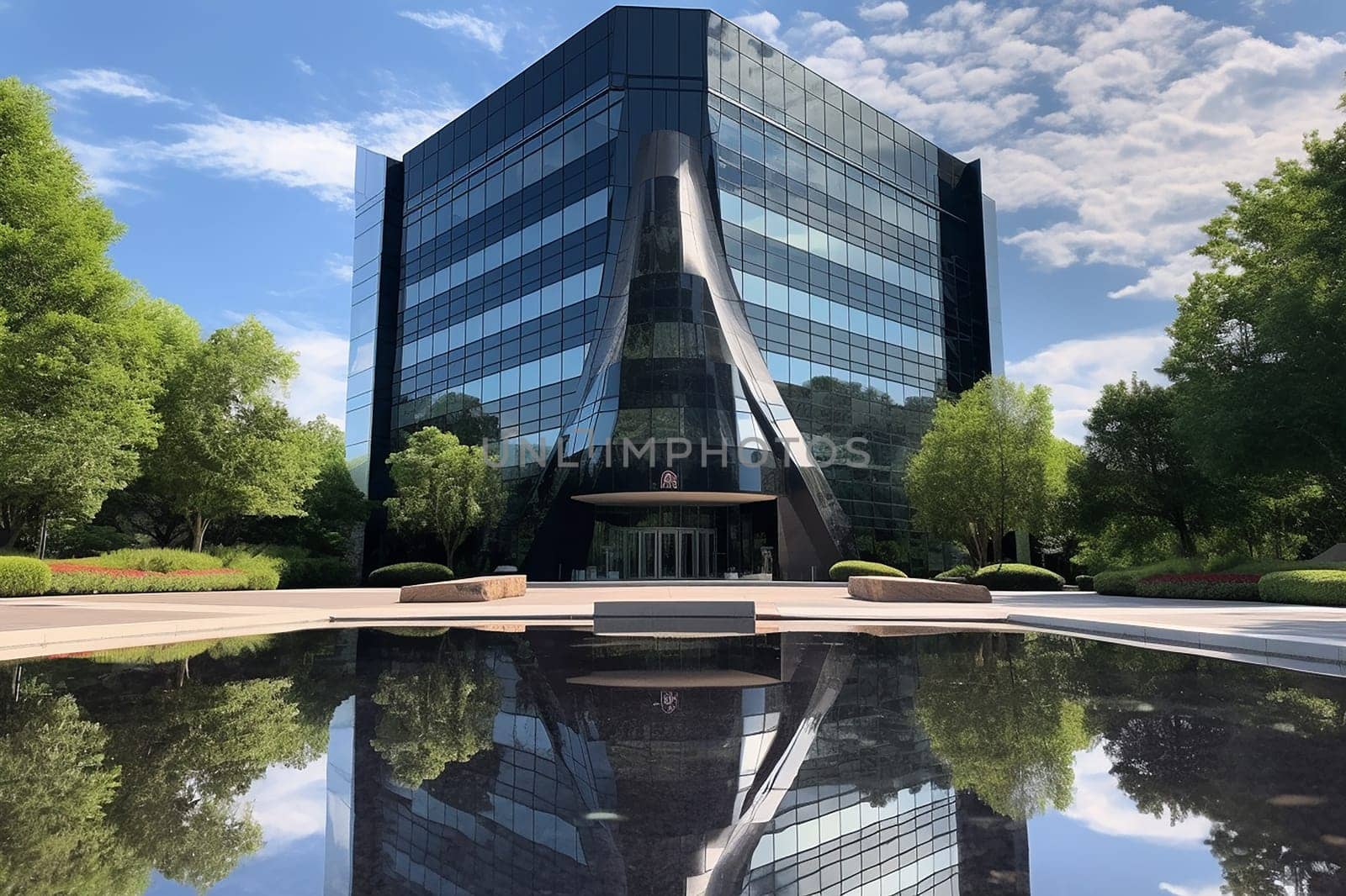 Modern office building with reflective glass facade and surrounding greenery.