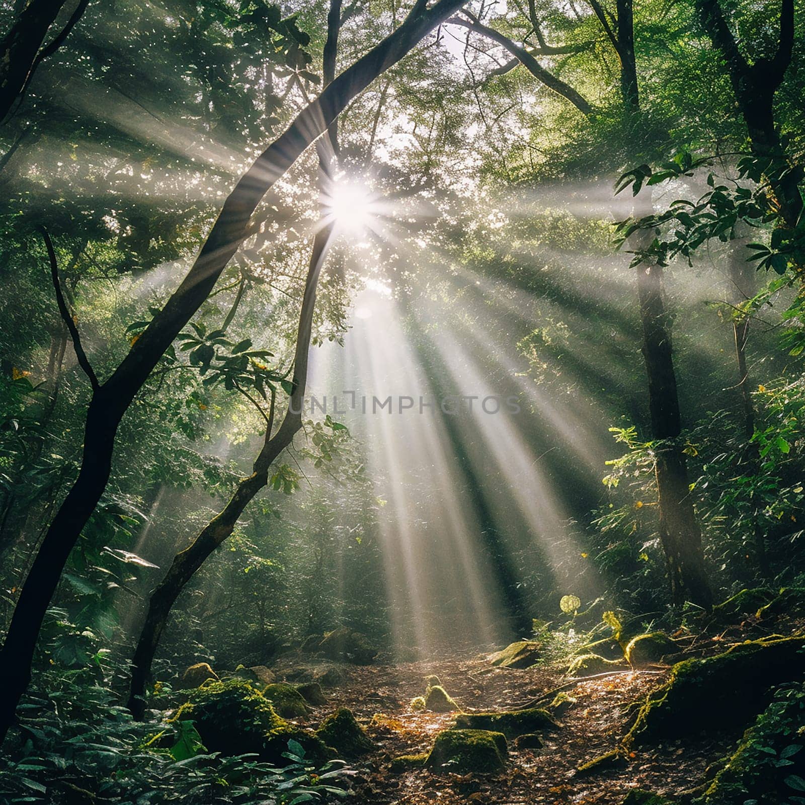 Sun rays beam through a dense forest canopy.