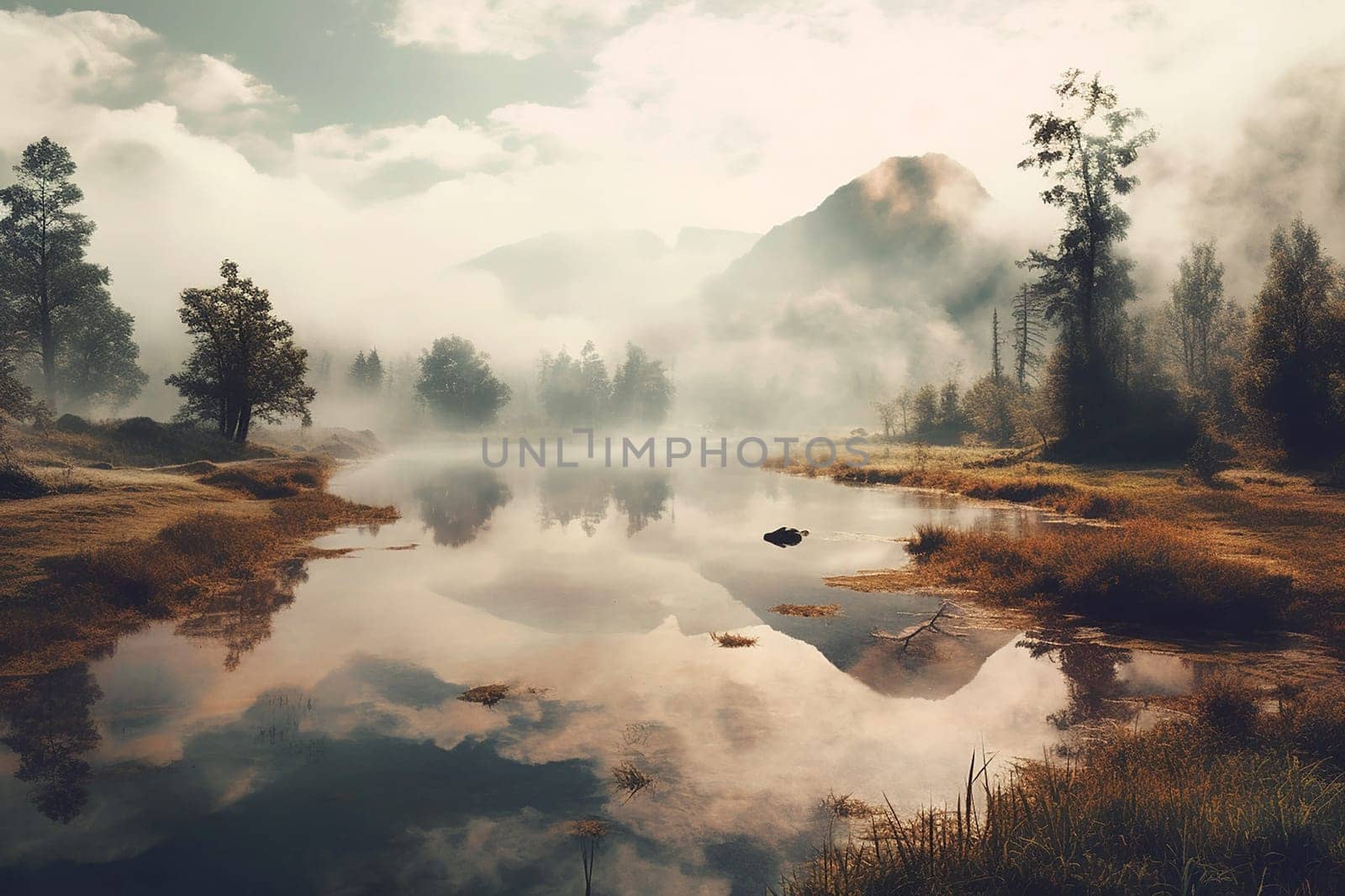 Tranquil lake with reflections amid misty mountains and serene nature. by Hype2art