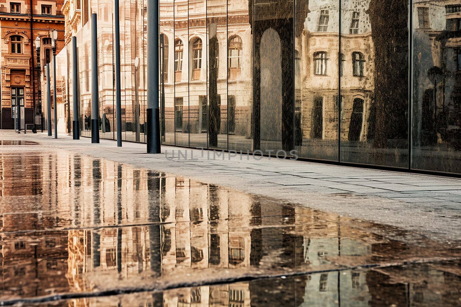 Reflection of classical architecture on a wet city sidewalk.