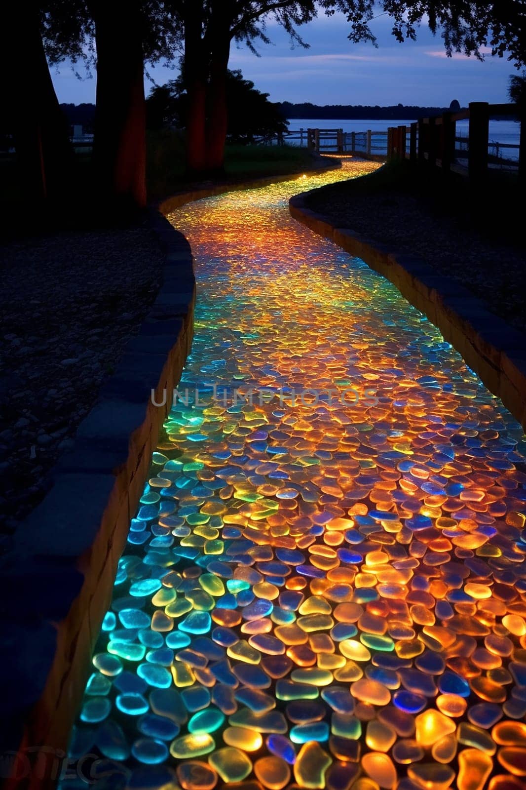 Colorful lights illuminate a winding path at night creating a magical atmosphere. by Hype2art