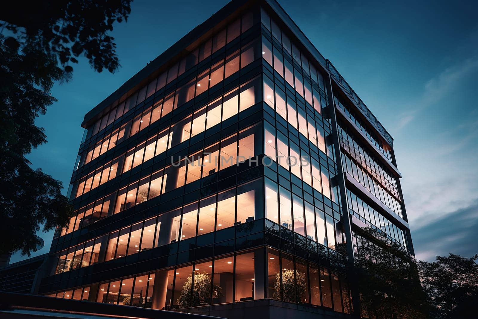 Modern office building illuminated at twilight