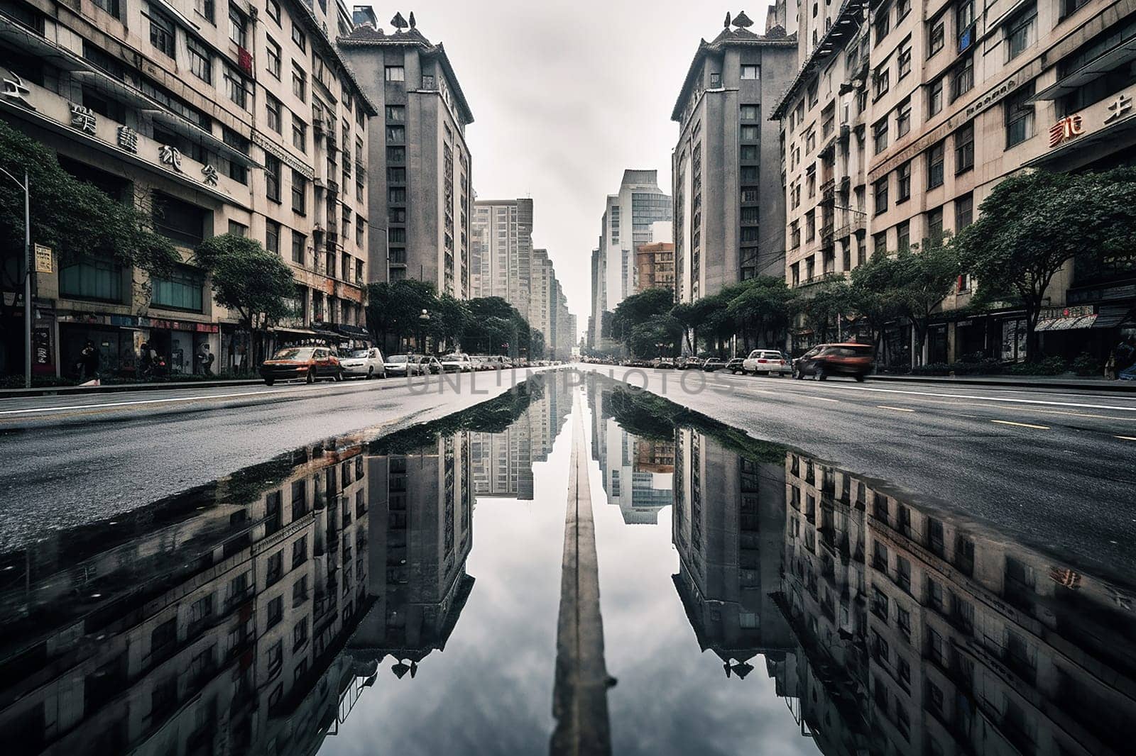 Symmetrical urban street reflection in a puddle.