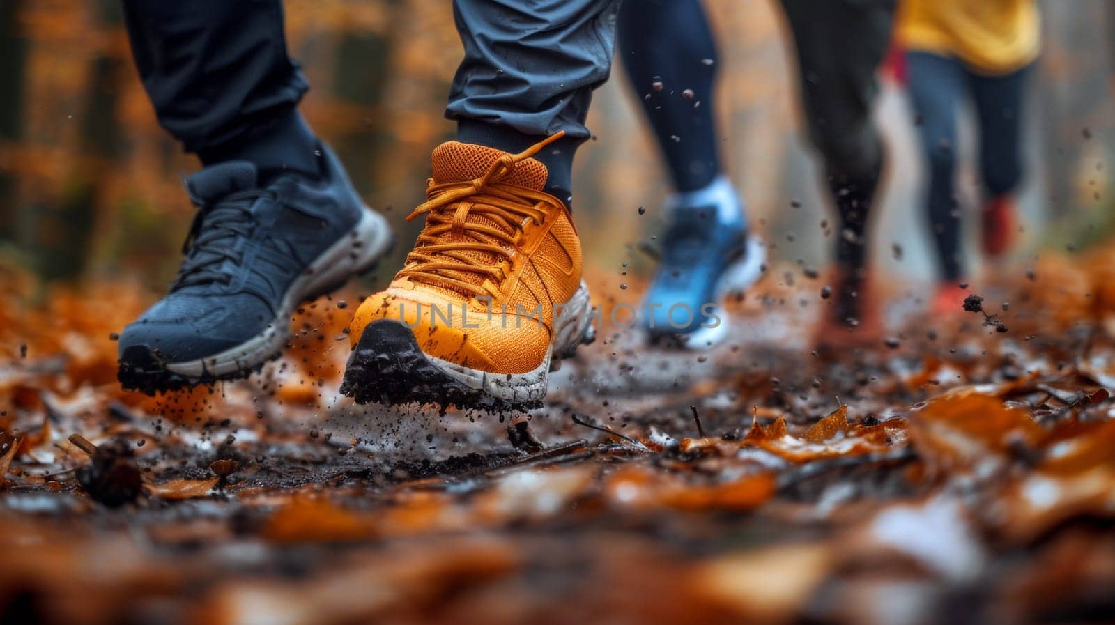 A group of people wearing shoes running through a forest