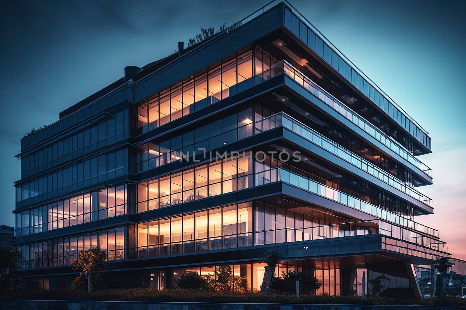 Modern multi-story building illuminated at dusk
