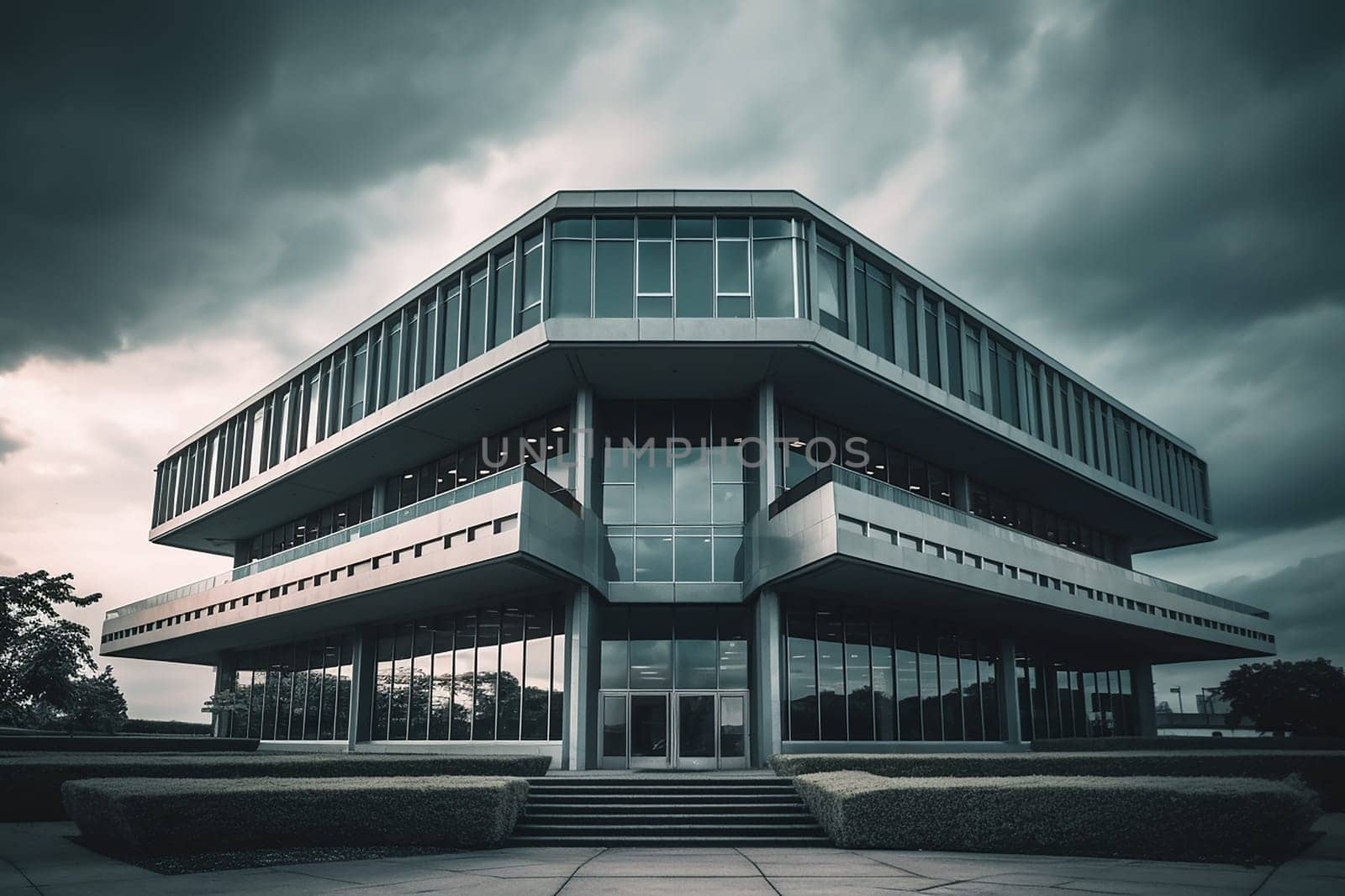 Modern building with dramatic sky, an architectural photography.