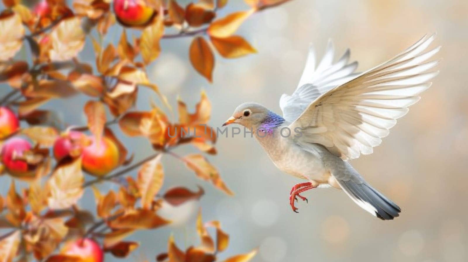 A bird flying in the air over a tree with fruit