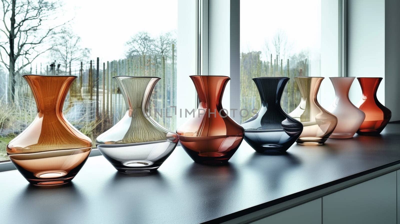 A row of vases lined up on a counter by the window
