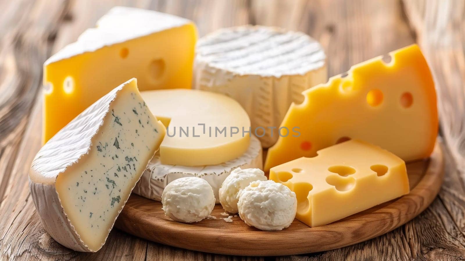 A wooden plate with different types of cheese on it