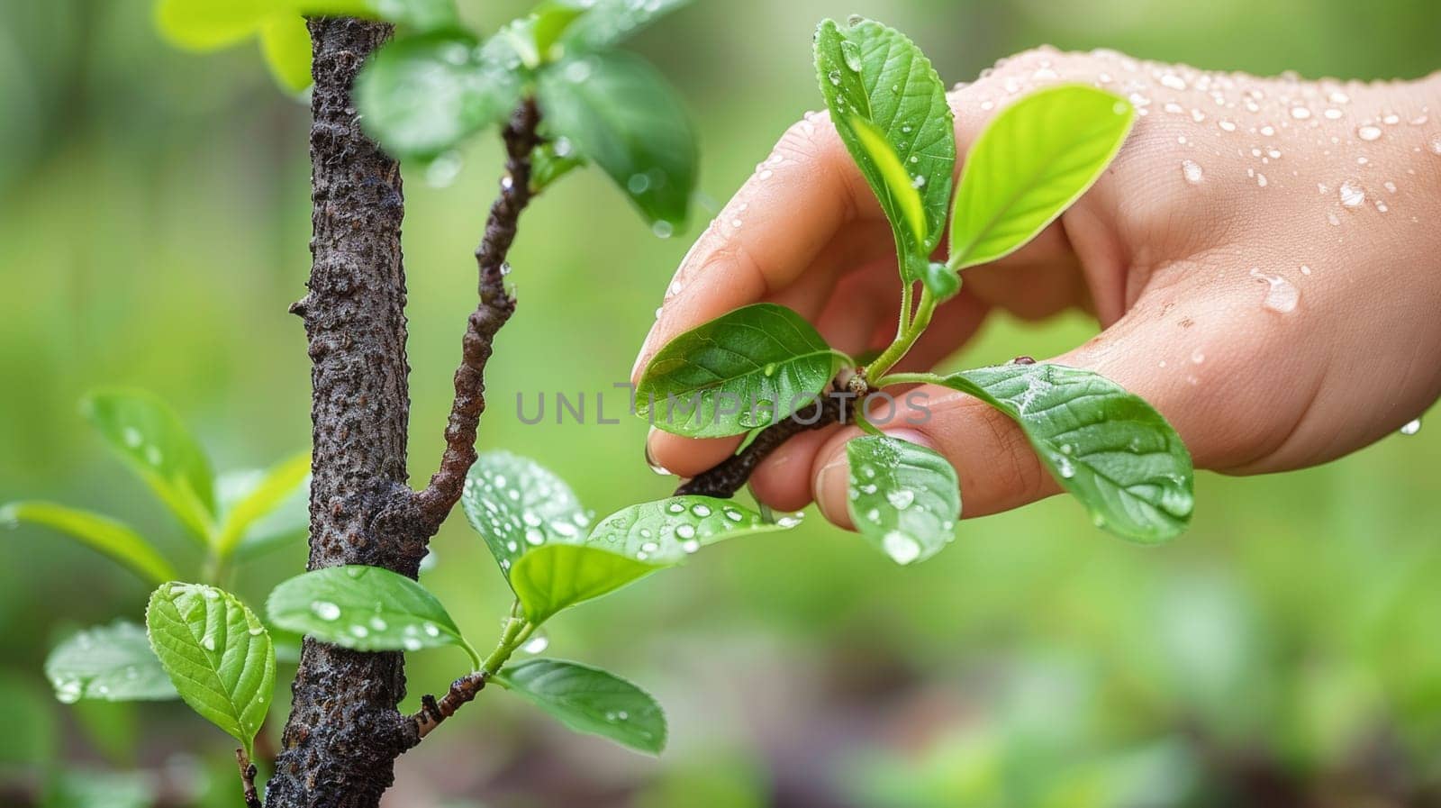 A hand reaching out to touch a green plant with water droplets