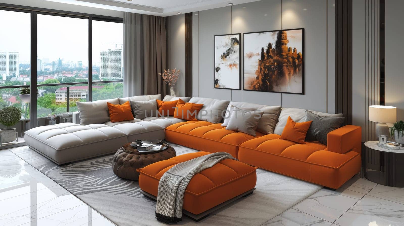 A living room with a large sectional couch and ottoman