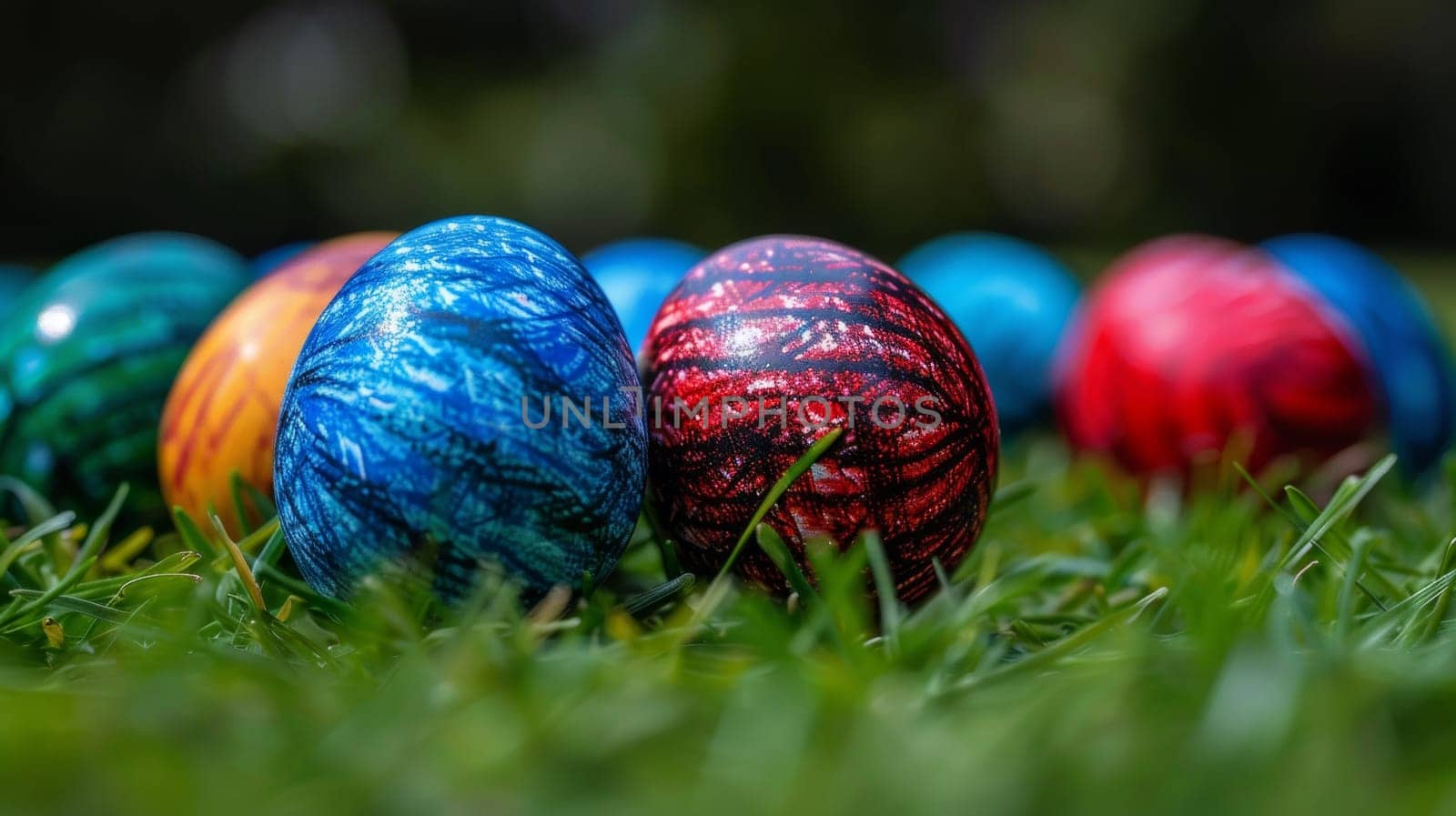 A group of colorful easter eggs are laying on the grass, AI by starush