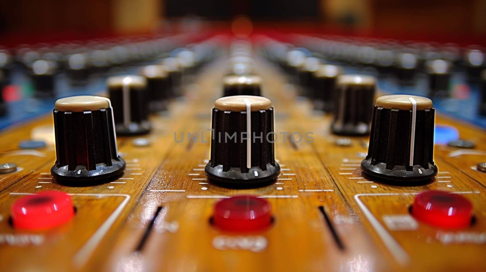 A close up of a mixing board with knobs and buttons, AI by starush