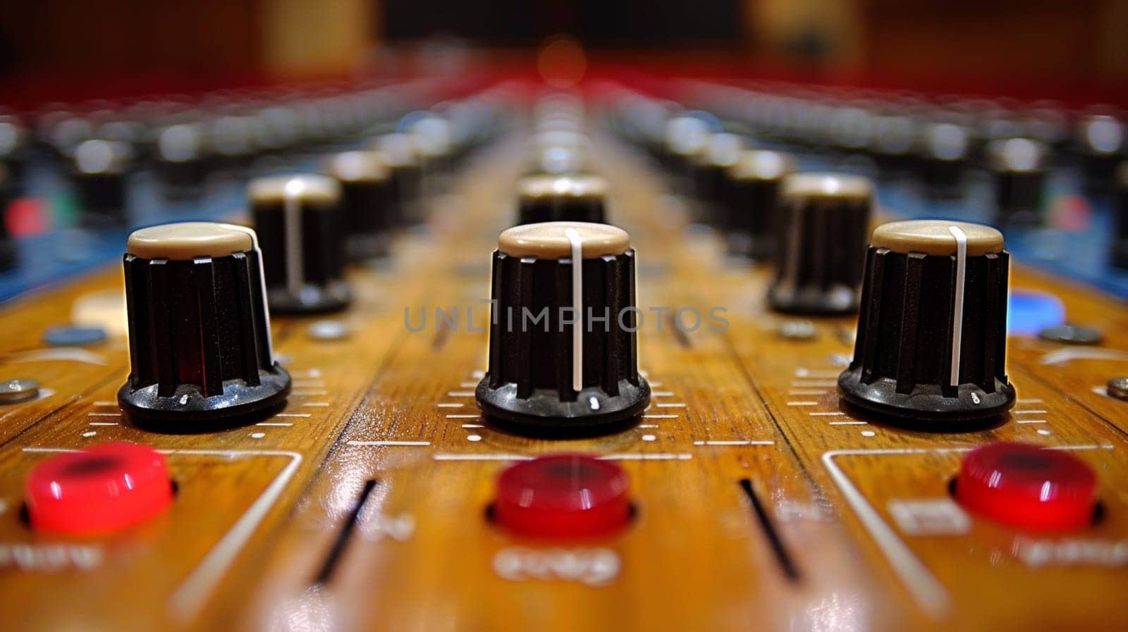 A close up of a mixing board with knobs and buttons