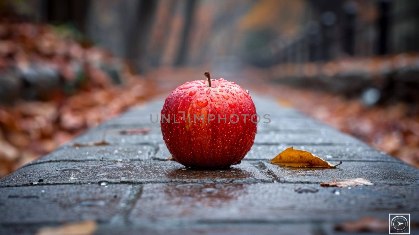 A red apple sitting on a brick walkway with leaves, AI by starush