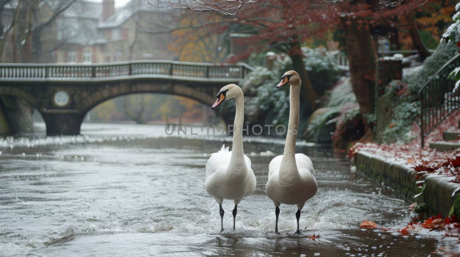 Two swans walking in a river near an overpass with water flowing under it