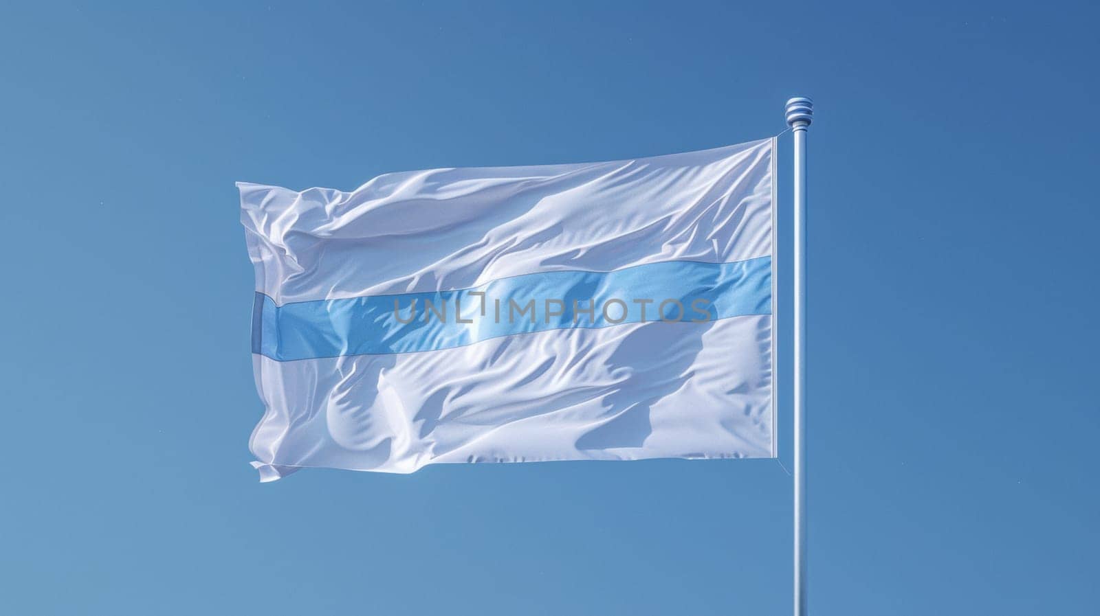 A white, blue and white flag of free Russia flying in the wind against a clear sky
