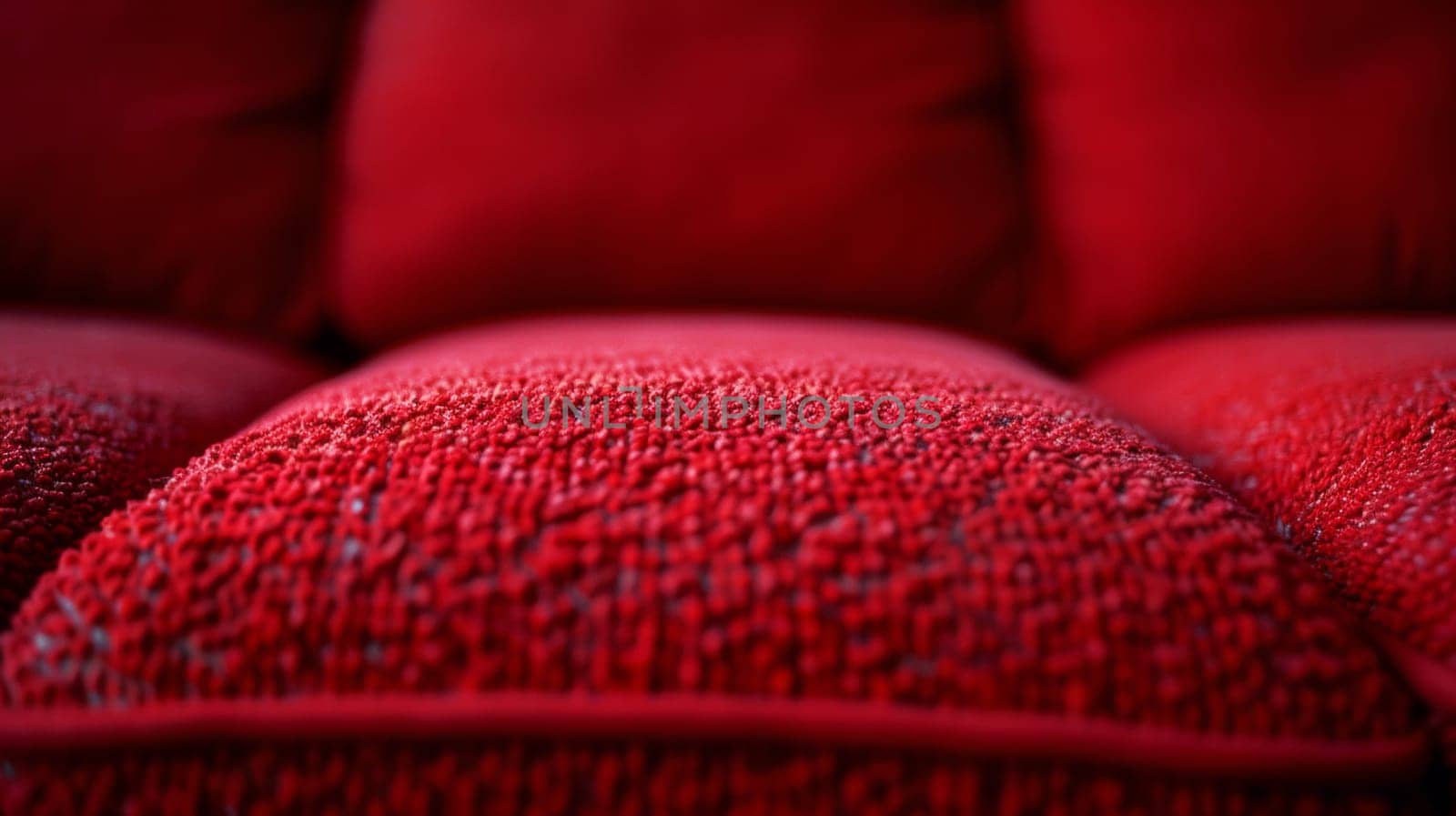 A close up of a red couch with some pillows on it