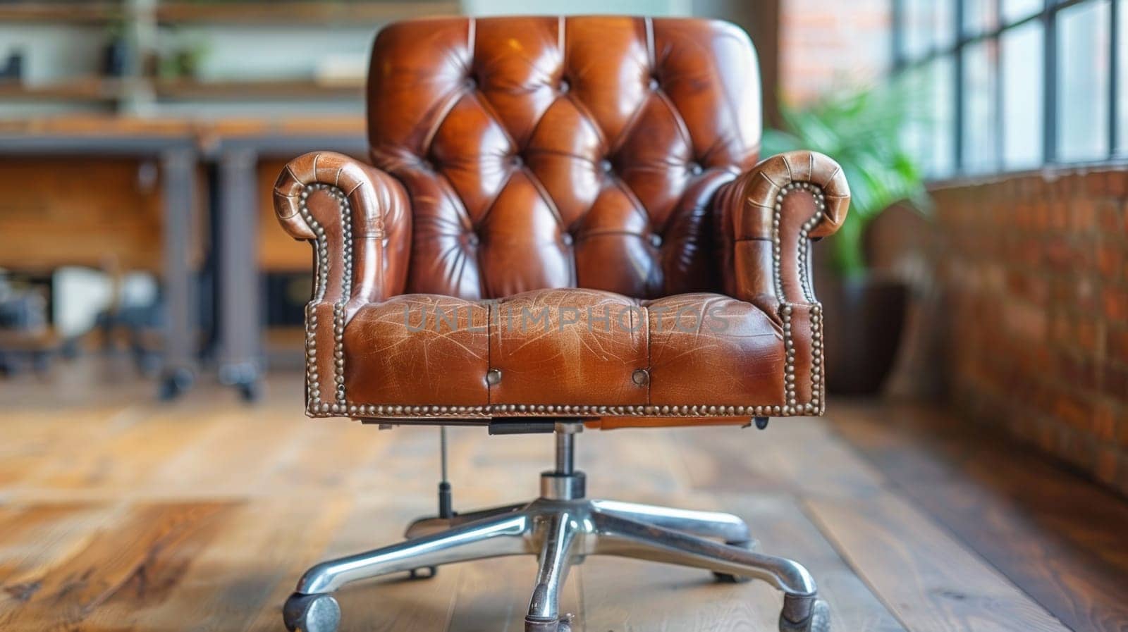 A brown leather office chair sitting in a room with hardwood floors, AI by starush