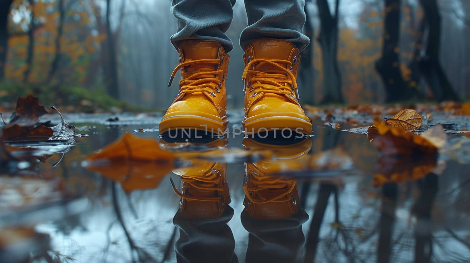 A person in yellow boots standing on a puddle of water, AI by starush