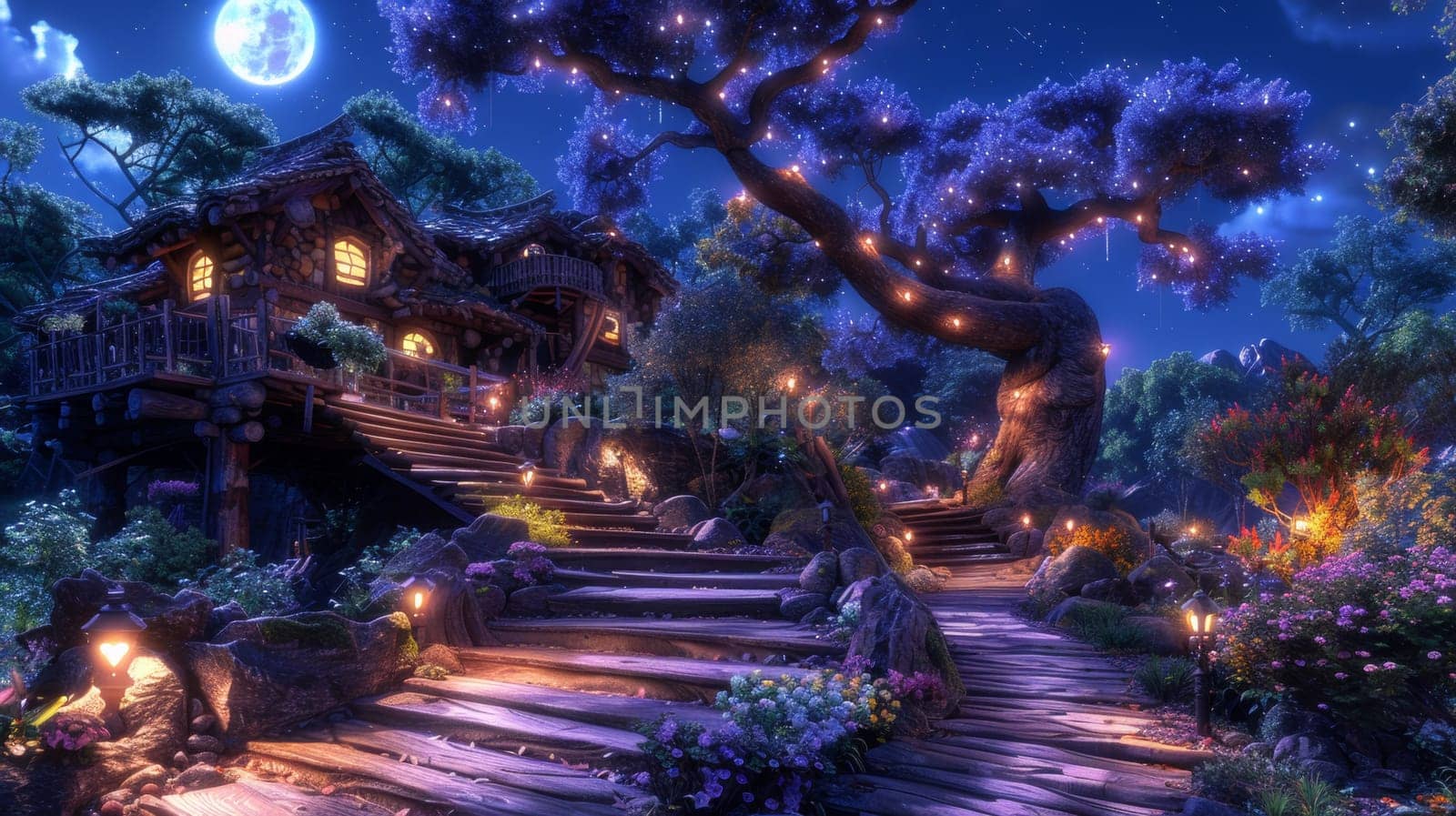 A beautiful scene of a fairy tale house with stairs and lights