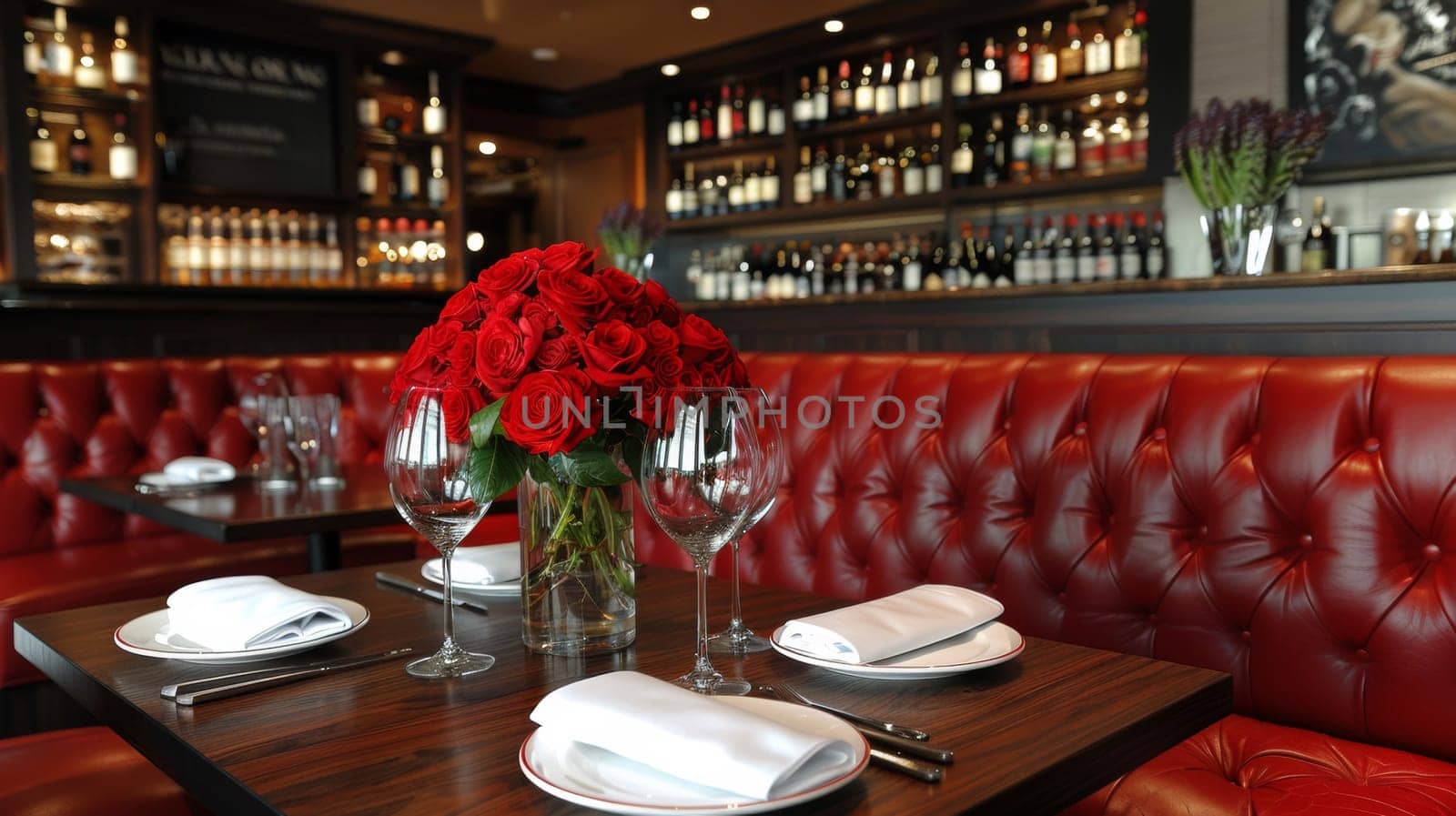 A table with a vase of flowers and wine glasses on it