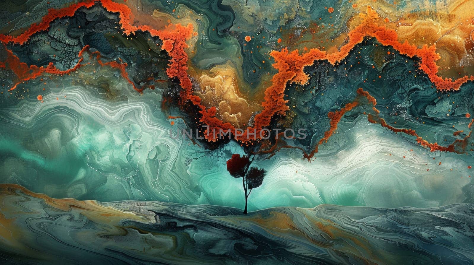 A painting of a large abstract landscape with orange and blue colors, AI by starush